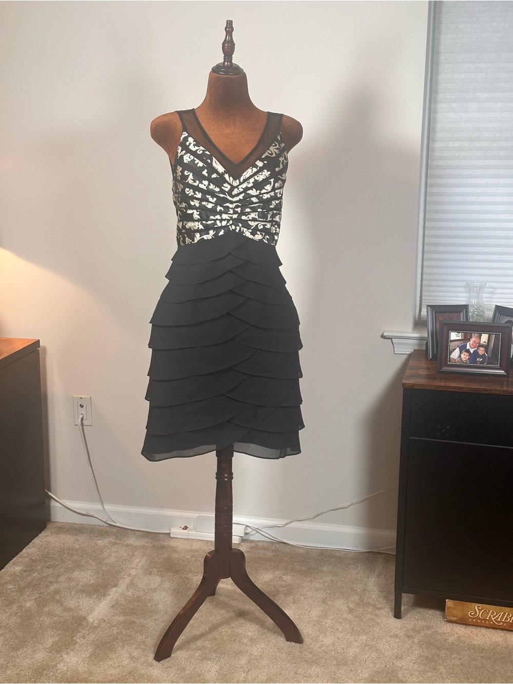 Scarlett Nite Black and White Layered V-Neck Cocktail Dress